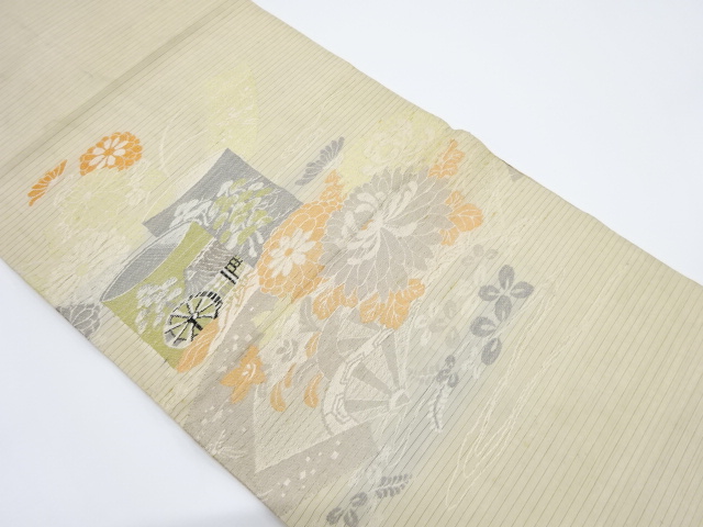 アンティーク　絽貝桶に乱菊・片輪車模様織り出し丸帯（材料）